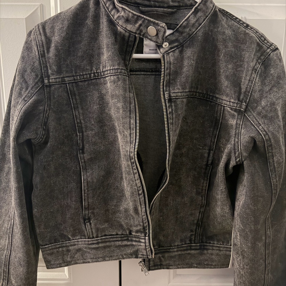 Washed Black Denim Moto Jacket (petite)